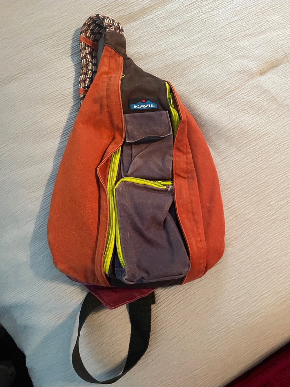 Kavu Orange and Gray Sling Belt Bag with Lime Trim